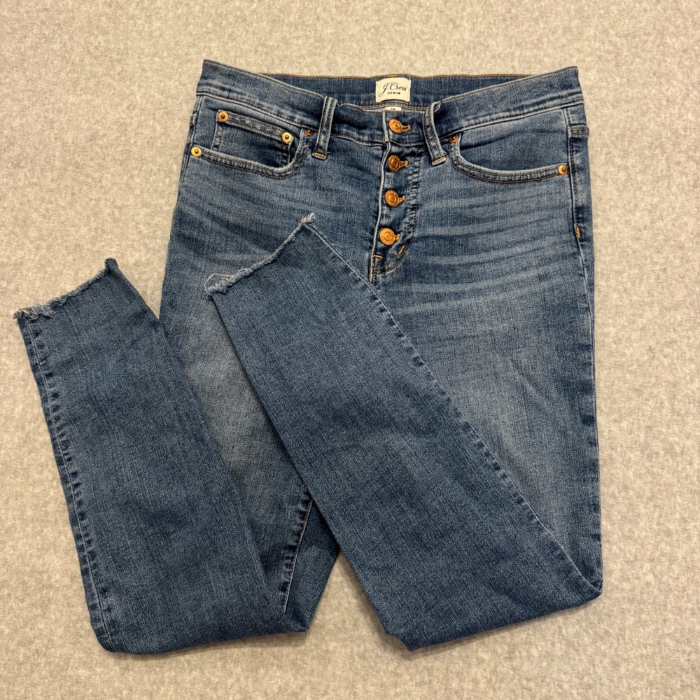 J.Crew 9" High-Rise Toothpick Skinny‎ Jeans Blue Button Fly Raw Hem Size 28
